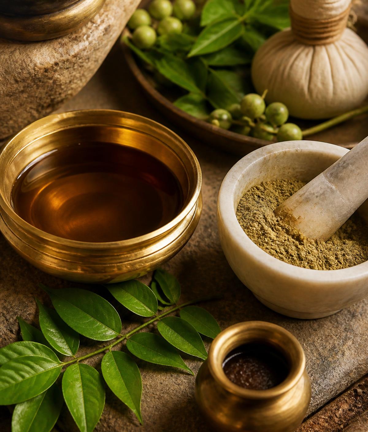 Traditional herbal oils, powders and fresh leaves used in therapy preparation